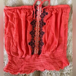 Coral linen tube top with navy detail and tie